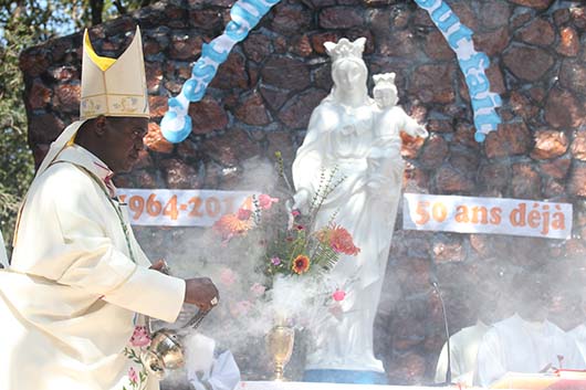 25 Maggio 2014 – Mons. Gaston Ruvezi, SDB, vescovo di Sakania-Kipushi, ha presieduto la celebrazione eucaristica presso la grotta dedicata a Maria Ausiliatrice.