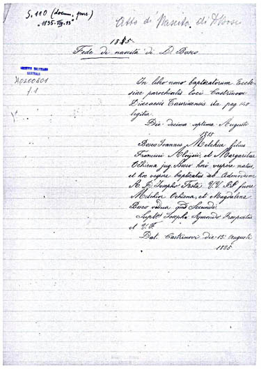 17 Agosto 1815 - Certificato di Battesimo di Giovanni Melchiorre Bosco